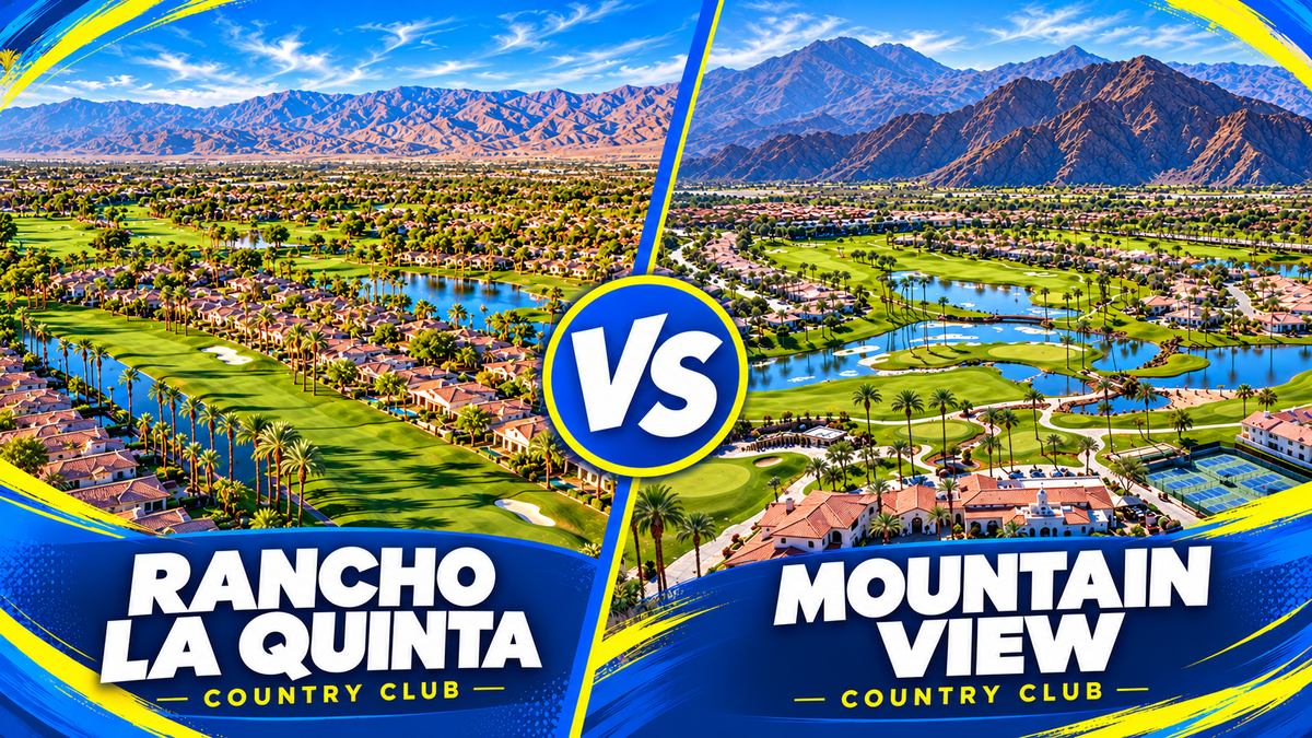 AI-stylized comparison of Rancho La Quinta and Mountain View Country Club, based on existing community imagery, with Bloom-blue graphics and bold versus lettering.