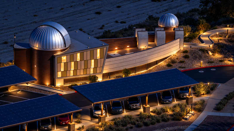 AI-enhanced nighttime interpretation of Mark Miller’s photograph of the Rancho Mirage Observatory.
