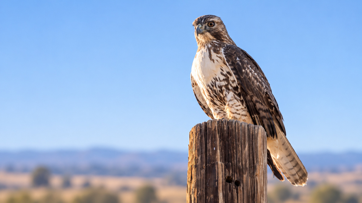 AI-generated visualization based on Mark Miller’s photographs: a Red-tailed Hawk perched above an open landscape, with streaked underparts and a banded tail.