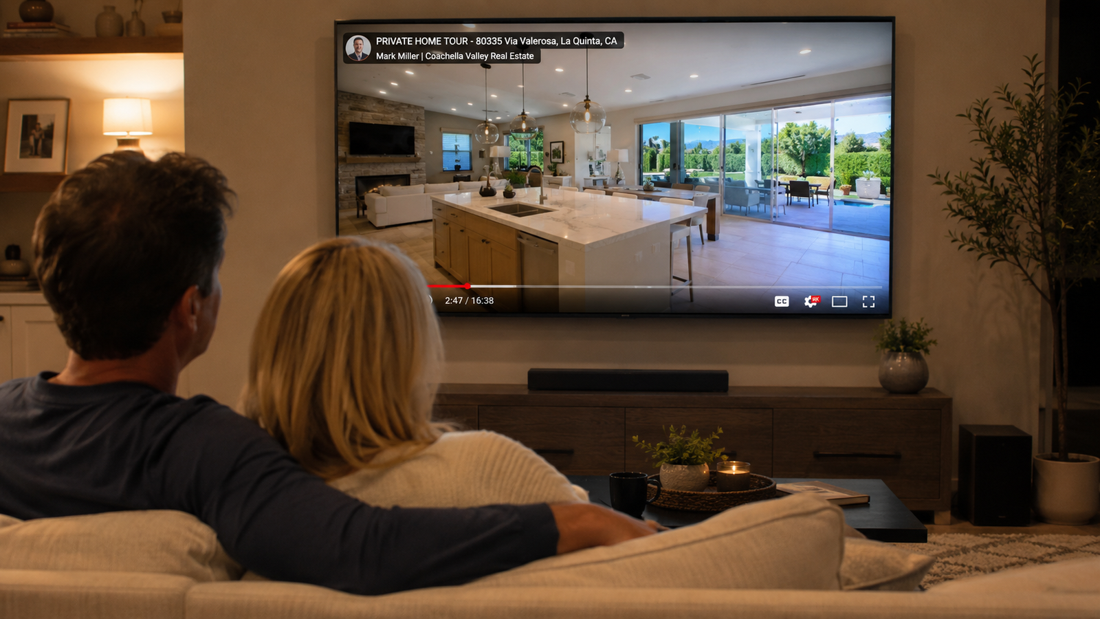 Remote home buyers watching a 4K home walkthrough video from their couch