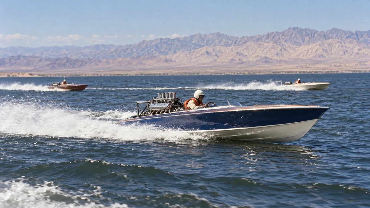 AI-generated editorial reconstruction of early-1960s marathon racing at a desert lake. Boats, people and viewpoint are interpretive; this is not an archival photograph or an exact depiction of Cream Puff.