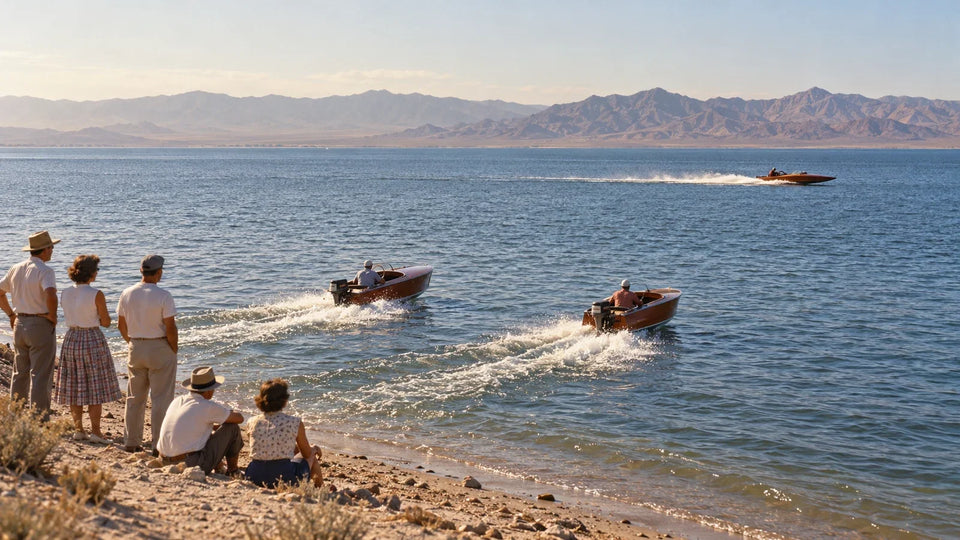 AI-generated editorial reconstruction evoking a mid-century Salton Sea racing gathering. Boats, spectators, shoreline and viewpoint are interpretive; this is not an archival photograph or a documented race moment.