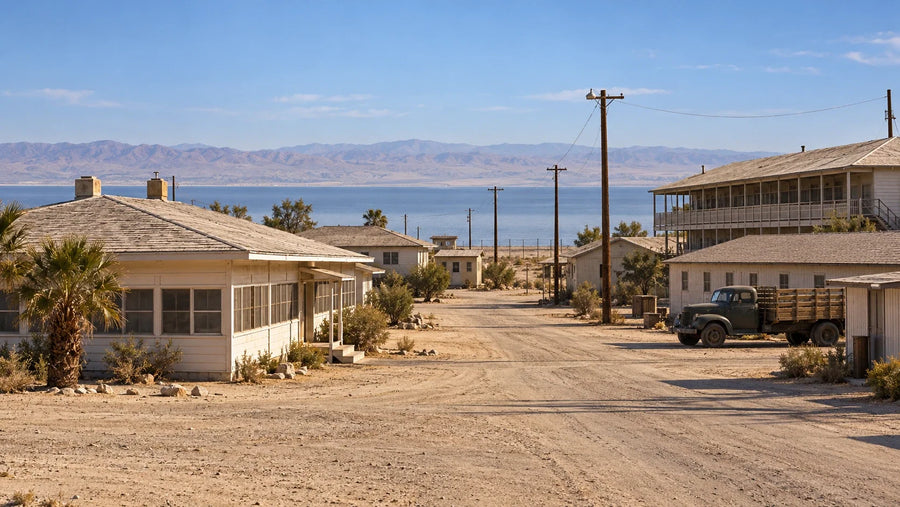 AI-generated editorial reconstruction of Salton Sea Test Base in the late 1940s; interpretive viewpoint and layout