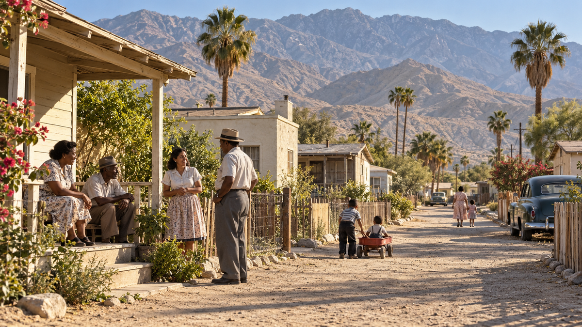 AI-generated historical illustration of a fictional midcentury Palm Springs neighborhood, with neighbors, modest homes and desert mountains; not an archival photograph.