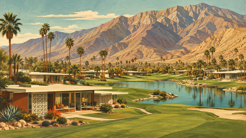 AI illustration of Seven Lakes Golf and Country Club’s mid-century homes, lakes, fairways and Palm Springs mountains