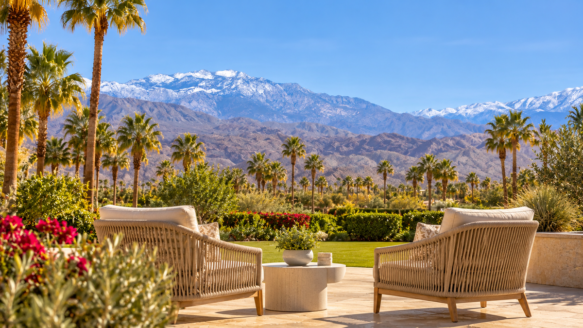 AI-generated illustration of a sunlit Coachella Valley-inspired patio, palms and dry foothills beneath snow-covered high mountains.