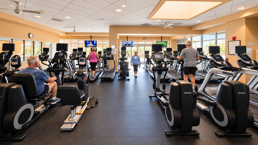 Older adults exercising in the Sun City Palm Desert gym; AI-enhanced from Mark Miller’s original photograph.