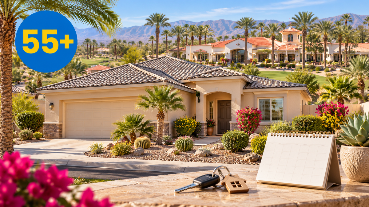 AI-created illustration of a Sun City Shadow Hills home with a 55+ badge, keys and a calendar.