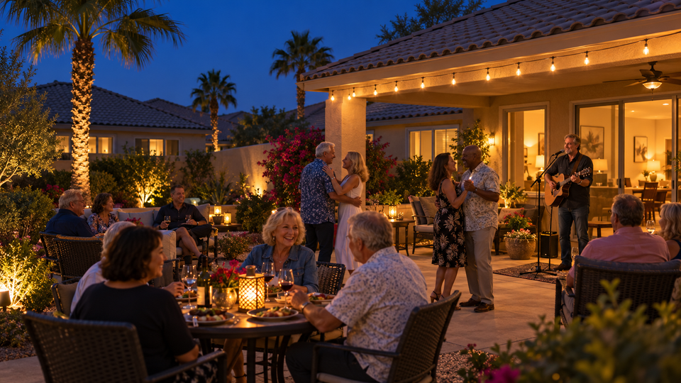 AI illustration of an evening gathering in a Sun City Shadow Hills-style backyard, with a solo singer and guests dining, talking and dancing.