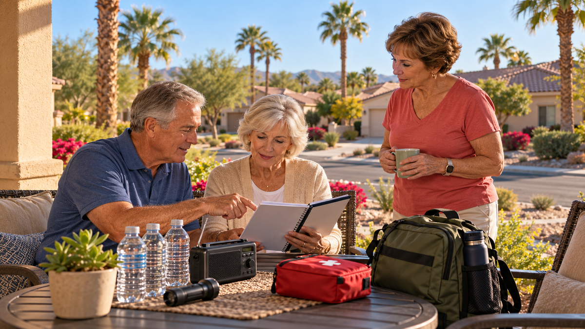 AI-generated illustration of neighbors preparing an emergency notebook with water, a radio, flashlight and go-bag, inspired by Sun City Shadow Hills.