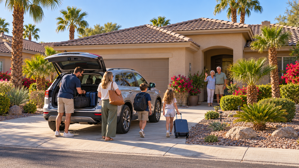 Illustrative scene of a family unloading luggage from an SUV while an older couple welcomes them at a Sun City Shadow Hills-style home.