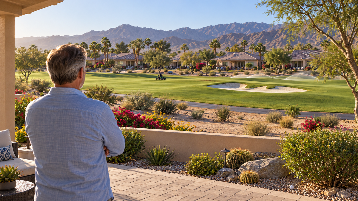 AI-created over-the-shoulder illustration of a resident viewing a Sun City Shadow Hills-inspired golf course from a backyard, with mower, sprinklers and one stray ball.