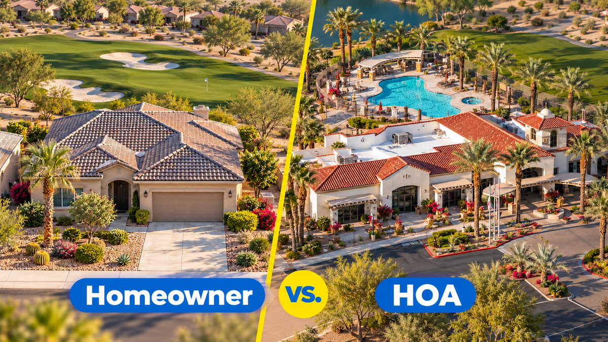 AI-created Homeowner vs. HOA illustration with a golf-course home and the Santa Rosa Clubhouse, based on Mark Miller’s Sun City Shadow Hills photographs.