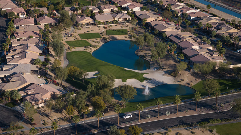 Aerial view of the Sun City Shadow Hills North Course, lakes and surrounding homes in Phase 3