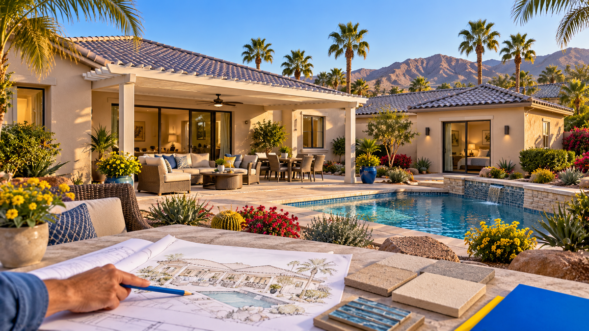 Conceptual Sun City Shadow Hills remodel illustration with a pool, covered patio, guest space and planning materials. Not an approved plan.