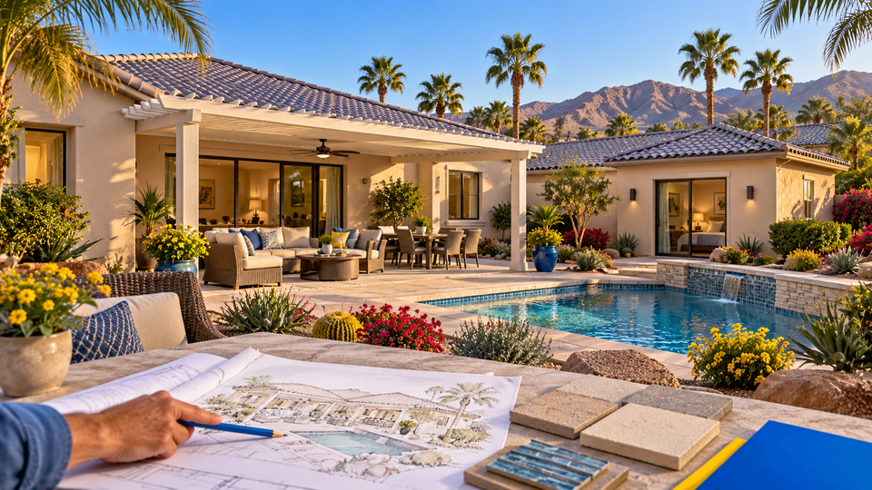 Conceptual Sun City Shadow Hills remodel illustration with a pool, covered patio, guest space and planning materials. Not an approved plan.