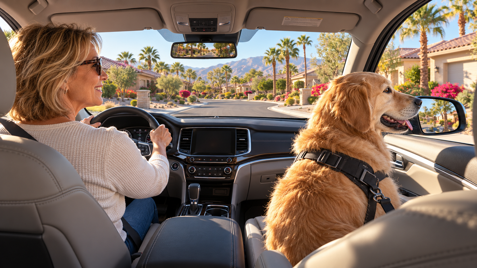 AI illustration of a smiling woman driving with her dog in the passenger seat, with Sun City Shadow Hills-style homes and palms visible through the windows.