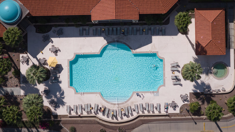Aerial view of the Montecito Clubhouse pool at Sun City Shadow Hills