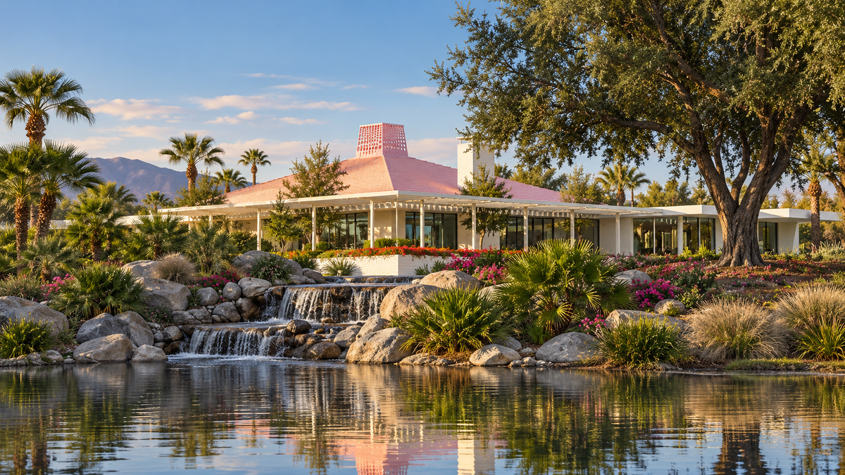 AI-generated architectural illustration inspired by Sunnylands’ pink-roofed residence. It is not a documentary photograph or an exact record of the grounds.