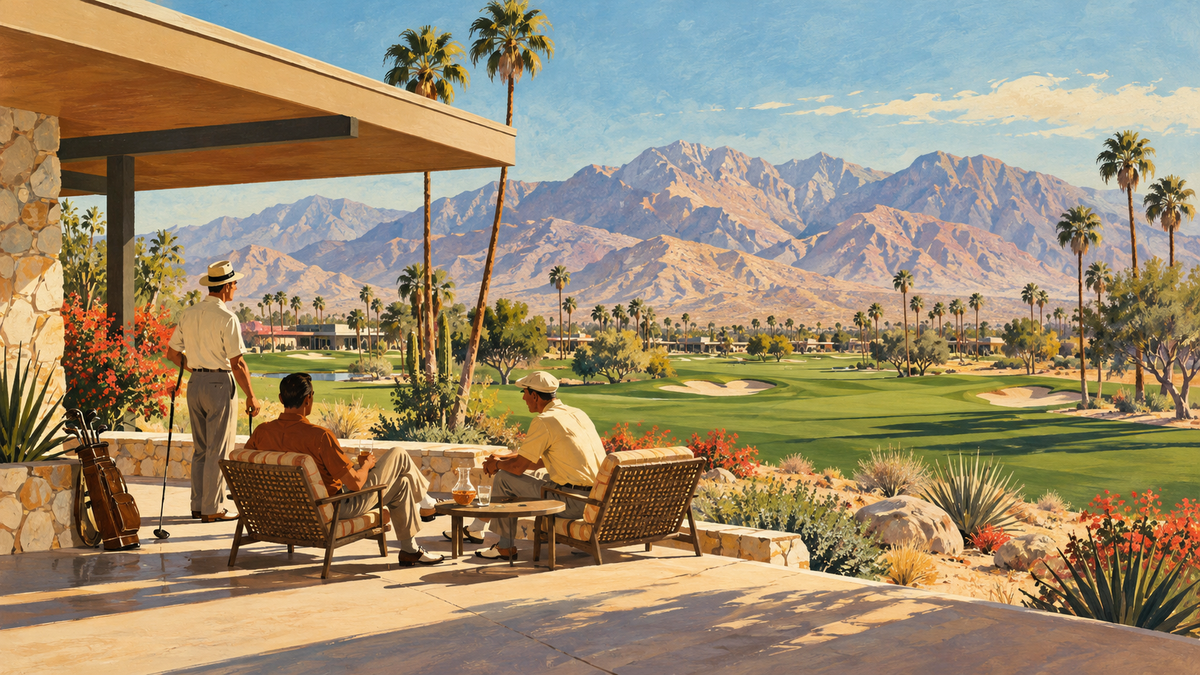 AI-generated illustration of an imagined 1950s desert golf scene; not an actual view of Tamarisk Country Club.