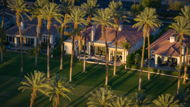 Single-story golf-front homes and patios framed by tall palms in golden light