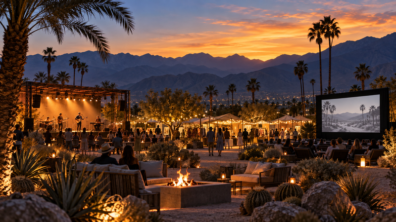 Coachella Valley evening events with live music, an outdoor market and cinema beneath desert mountains