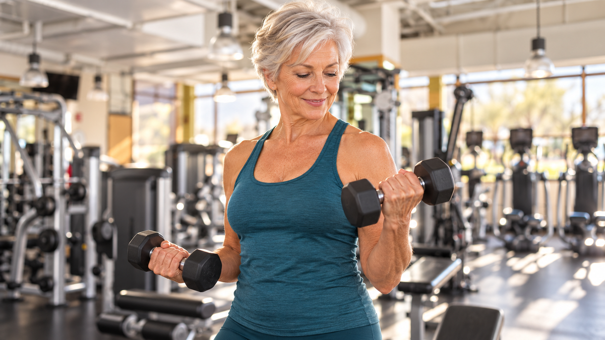 AI-created illustration of an older adult lifting dumbbells, based on Mark Miller’s photograph of the Trilogy La Quinta gym.