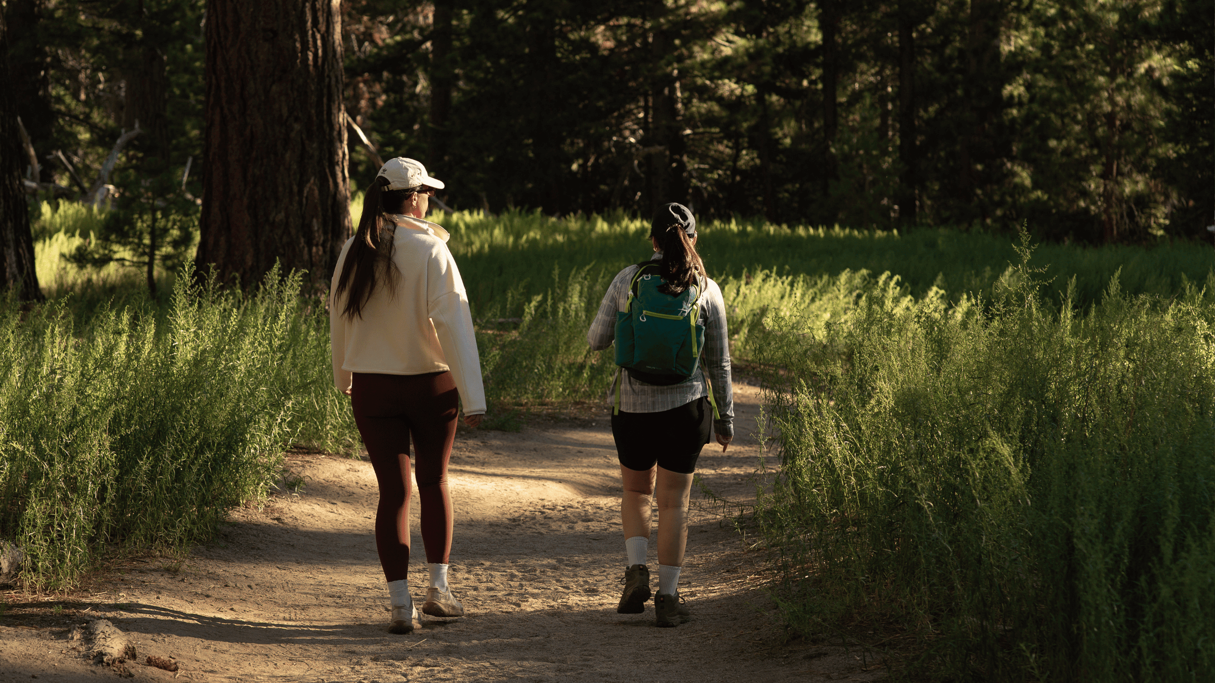 Two women walking through the pine forest near the Palm Springs Aerial Tramway Mountain Station