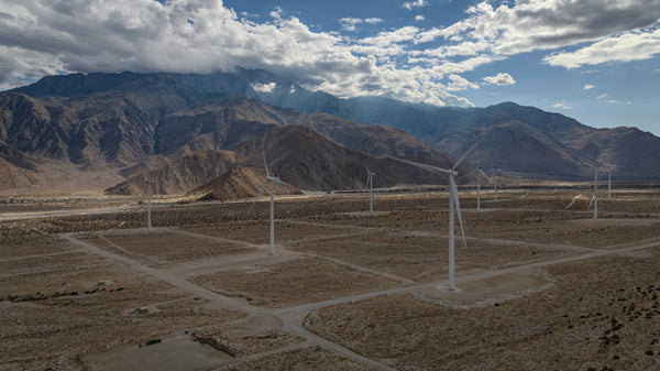San Gorgonio Mountain with snow on the peaks from the wind mills in palm springs