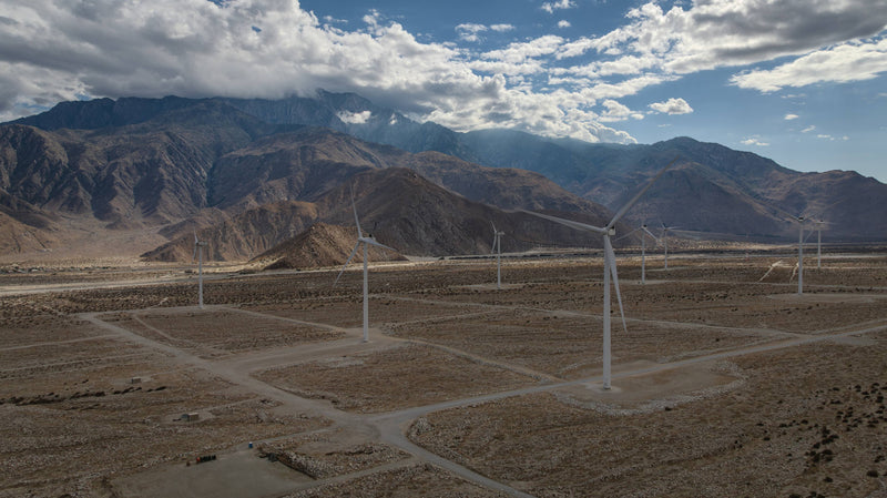 San Gorgonio Mountain with snow on the peaks from the wind mills in palm springs