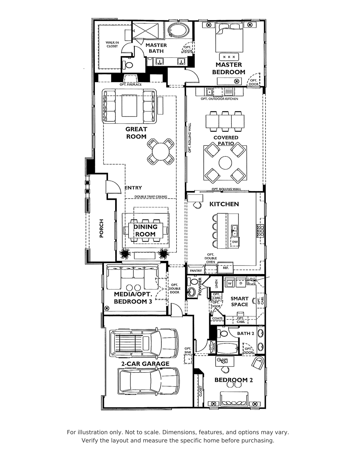 Boschetto floor plan at Trilogy Polo Club showing two bedrooms, two and a half bathrooms, media room with optional third bedroom, covered patio, SmartSpace and two-car garage; for illustration only.