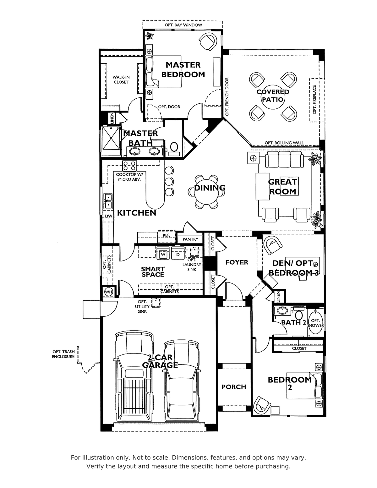 Cannes floor plan at Trilogy Polo Club showing two bedrooms, a den with optional third bedroom, two bathrooms, SmartSpace, covered patio and two-car garage; for illustration only.