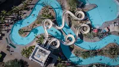 Overhead view of winding pools and water slides at Grand Hyatt Indian Wells.