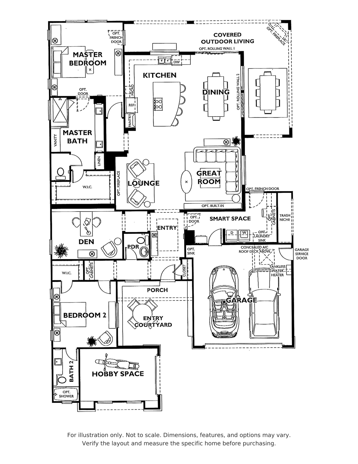 Immaginare floor plan at Trilogy Polo Club showing two bedrooms, two and a half bathrooms, den, lounge, hobby space, covered outdoor living and two-car garage; for illustration only.