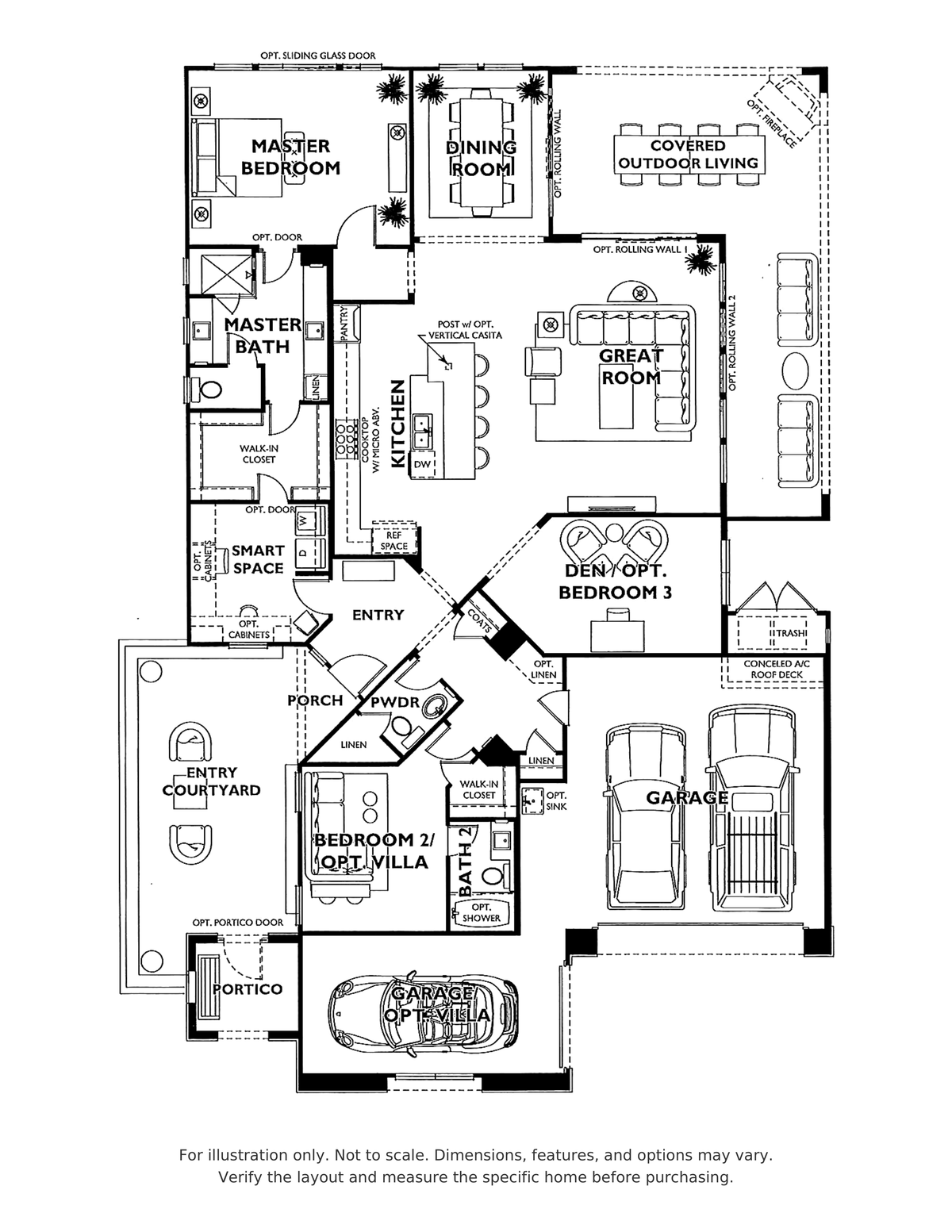 Incantare floor plan at Trilogy Polo Club showing two bedrooms, two and a half bathrooms, den with optional third bedroom, covered outdoor living, courtyard and garage/villa options; for illustration only.