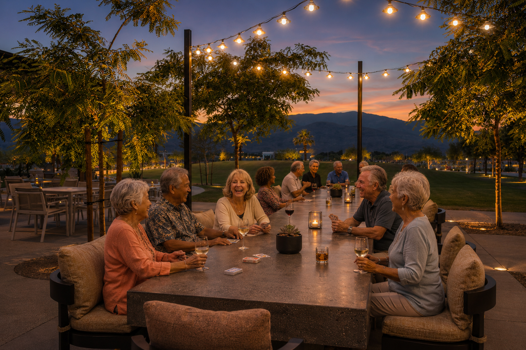 55+ residents at Cotino gather at the Longtable Park at sundown laughing and playing card games