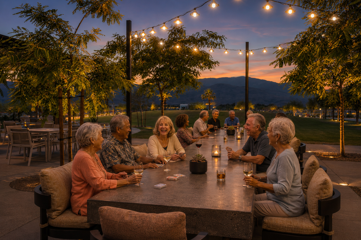 55+ residents at Cotino gather at the Longtable Park at sundown laughing and playing card games