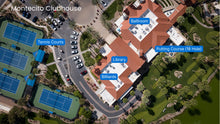 Aerial view of a clubhouse with labeled facilities including tennis courts, ballroom, library, billiards room, and putting course.
