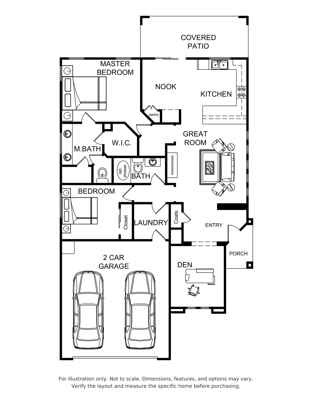 Naples floor plan at Trilogy Polo Club showing two bedrooms, two bathrooms, a den, kitchen and nook, great room, covered patio and two-car garage; for illustration only.