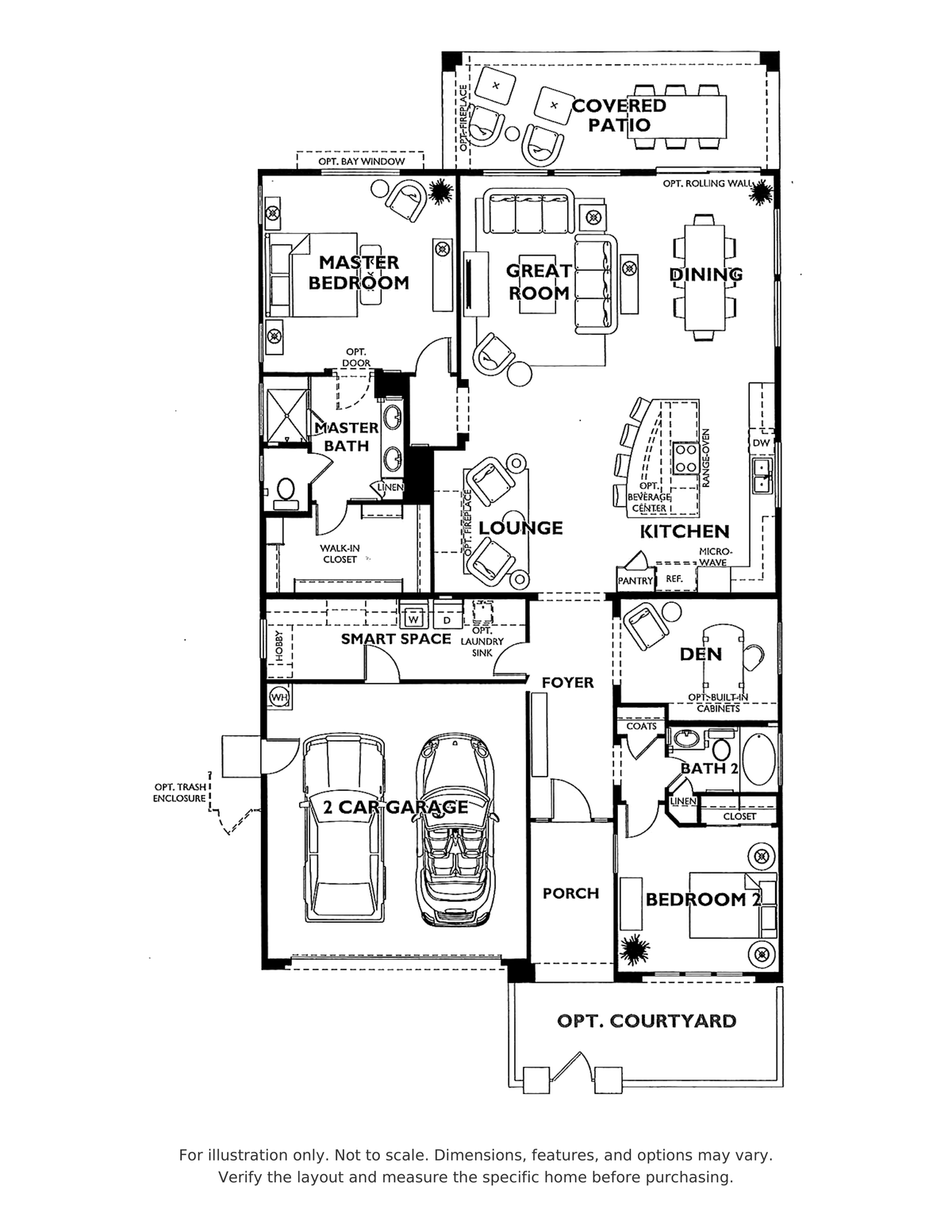 Refresh floor plan at Trilogy Polo Club showing two bedrooms, two bathrooms, a den, lounge, covered patio and two-car garage; for illustration only.