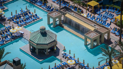 Aerial view of the Renaissance Esmeralda pool, poolside pavilion and waterfall.