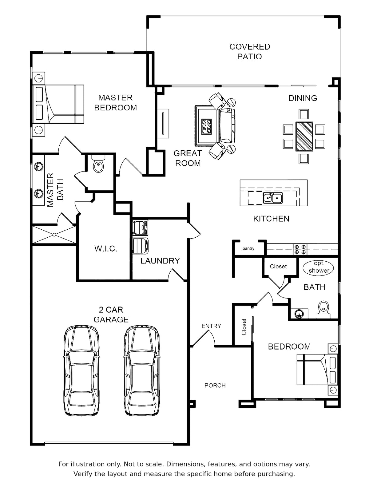 St. Tropez floor plan at Trilogy Polo Club showing two bedrooms, two bathrooms, an island kitchen, great room and dining area, covered patio, and two-car garage; for illustration only.