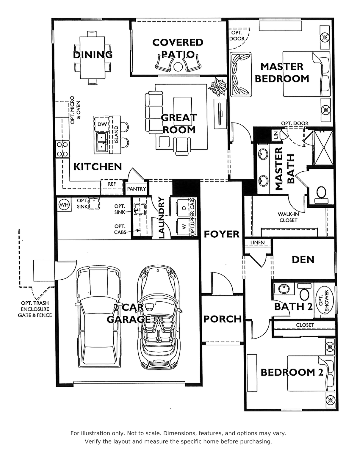 Unite floor plan at Trilogy Polo Club showing two bedrooms, two bathrooms, a den, covered patio and two-car garage; for illustration only.