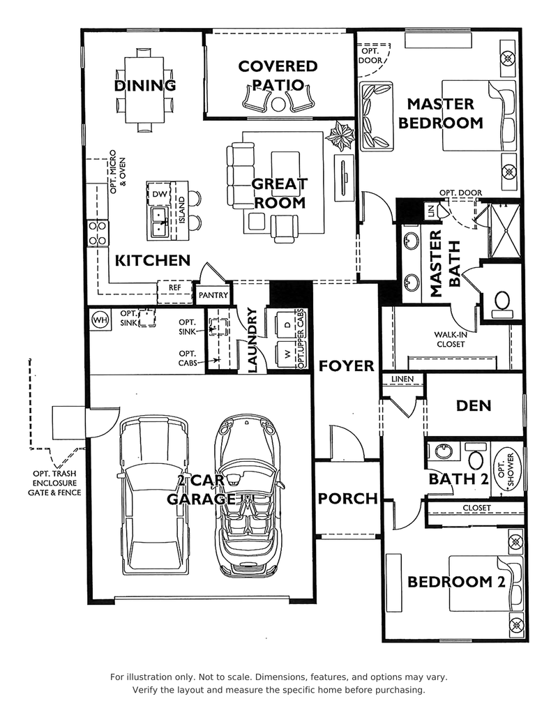 Unite floor plan at Trilogy Polo Club showing two bedrooms, two bathrooms, a den, covered patio and two-car garage; for illustration only.