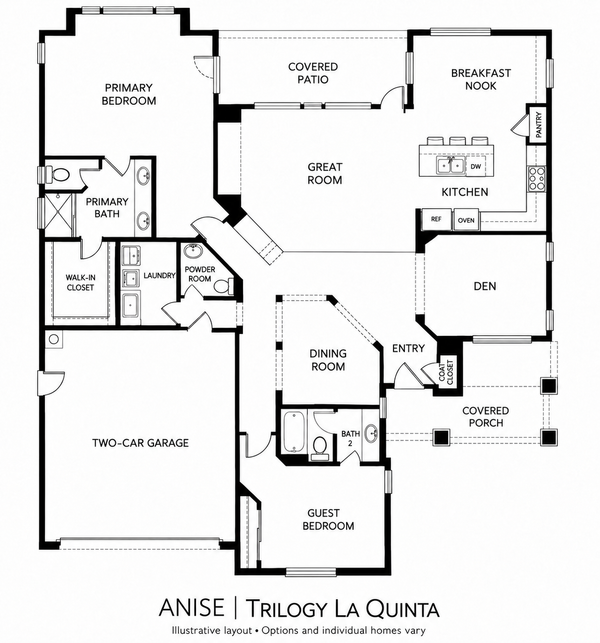 Anise floor plan at Trilogy La Quinta with two bedrooms, a den beside the kitchen, dining room near the entry, two and a half bathrooms, and two-car garage.