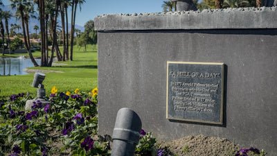 Plaque titled A Hell of a Day commemorating Arnold Palmer’s 1973 tournament win at Bermuda Dunes Country Club, California. Photograph by Mark Miller.