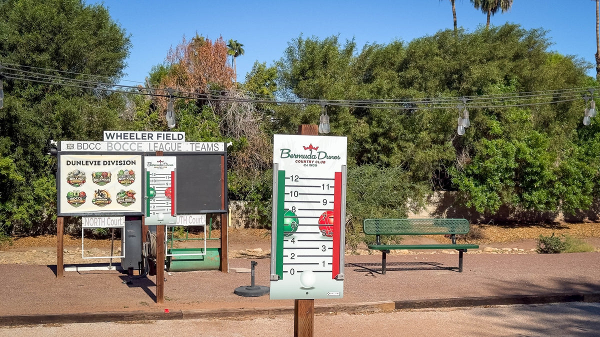 Scoreboards and playing instructions beside the bocce courts at Bermuda Dunes Country Club, California. Photograph by Mark Miller.