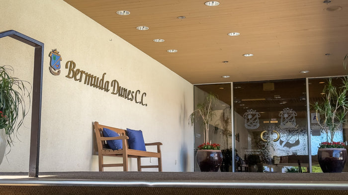 Entrance lobby with Bermuda Dunes Country Club lettering and seating at Bermuda Dunes Country Club, California. Photograph by Mark Miller.