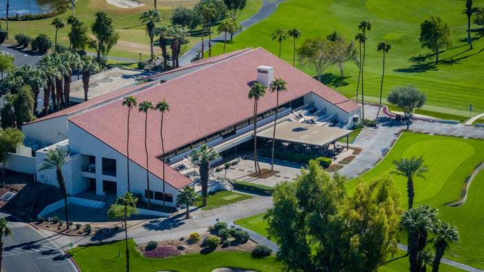 Aerial view of the clubhouse and terrace beside the golf course at Bermuda Dunes Country Club, California. Photograph by Mark Miller.