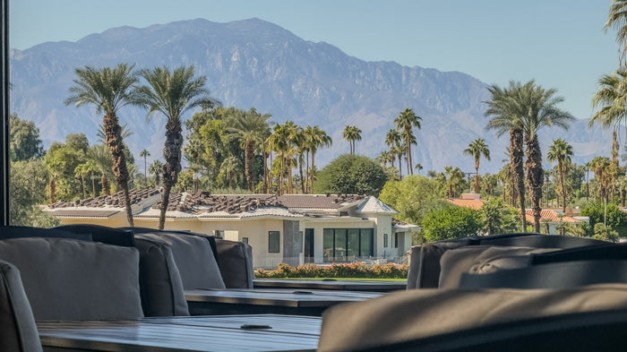 Palm trees and distant mountains seen through a clubhouse window at Bermuda Dunes Country Club, California. Photograph by Mark Miller.